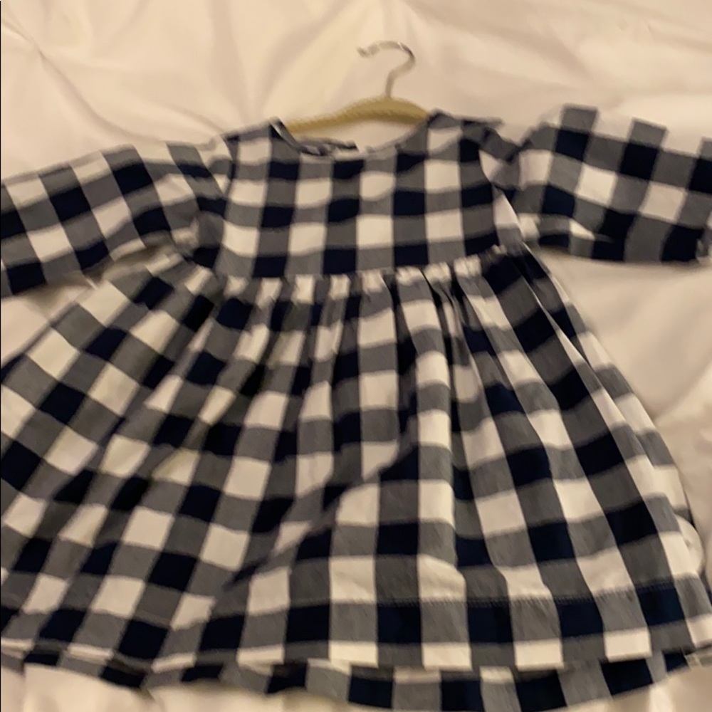 Smiling button blue and grey plaid dress